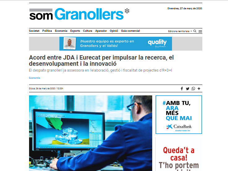 El diario SOM Granollers se hace eco de nuestro acuerdo con Eurecat para impulsar proyectos de I+D+i en empresas 0