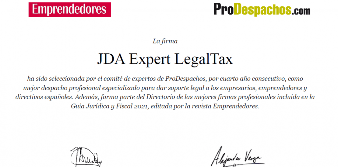 JDA Expert LegalTax: Mejor despacho profesional según el ranking 2021 de la revista Emprendedores y Prodespachos